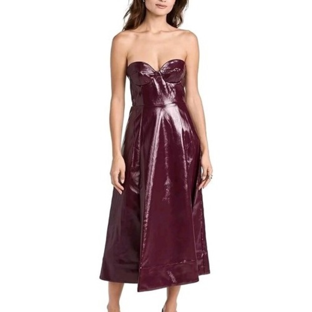 STAUD Faux Patent Leather Strapless Bustier Midi Dress Plum Burgundy 00